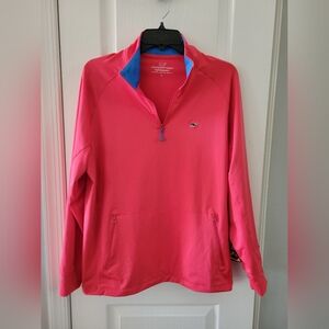 Vineyard Vines Performance Quarter Zip Pullover Coral Red with Blue Trim Large